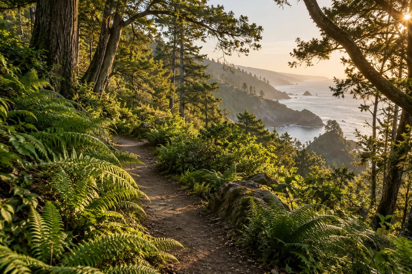 Illustrative sunlit woodland trail surrounded by ferns and sage foliage